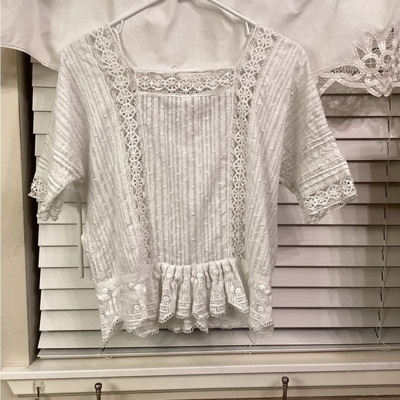Free People Sweet Jane Peplum Top Size S White Crochet Lace Button Up Eyelet - Picture 3 of 3